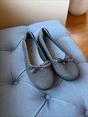 Clarks Gray Sparkle Ballet Flats with Bow and Stud Accents